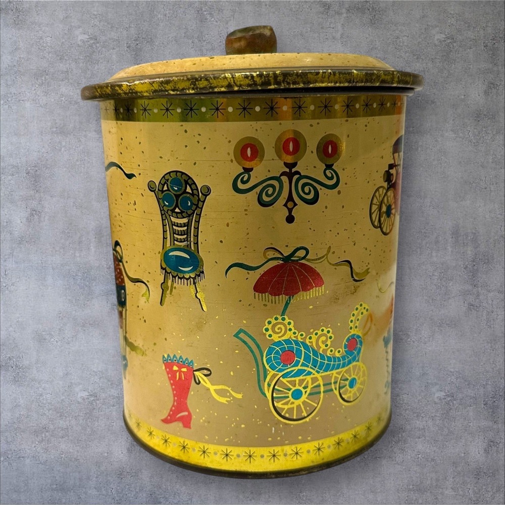 1960 SLK CO INC 5"‎ ENGLAND TEA BISCUIT COLLECTIBLE GRAPHIC METAL TIN W/ LID VTG